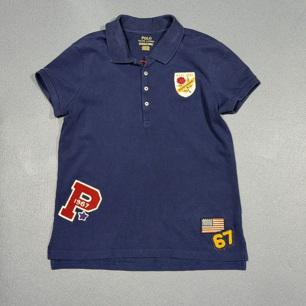 Polo Ralph Lauren Patchwork Polo Shirt Navy Blue Multi Patch Youth XL 16